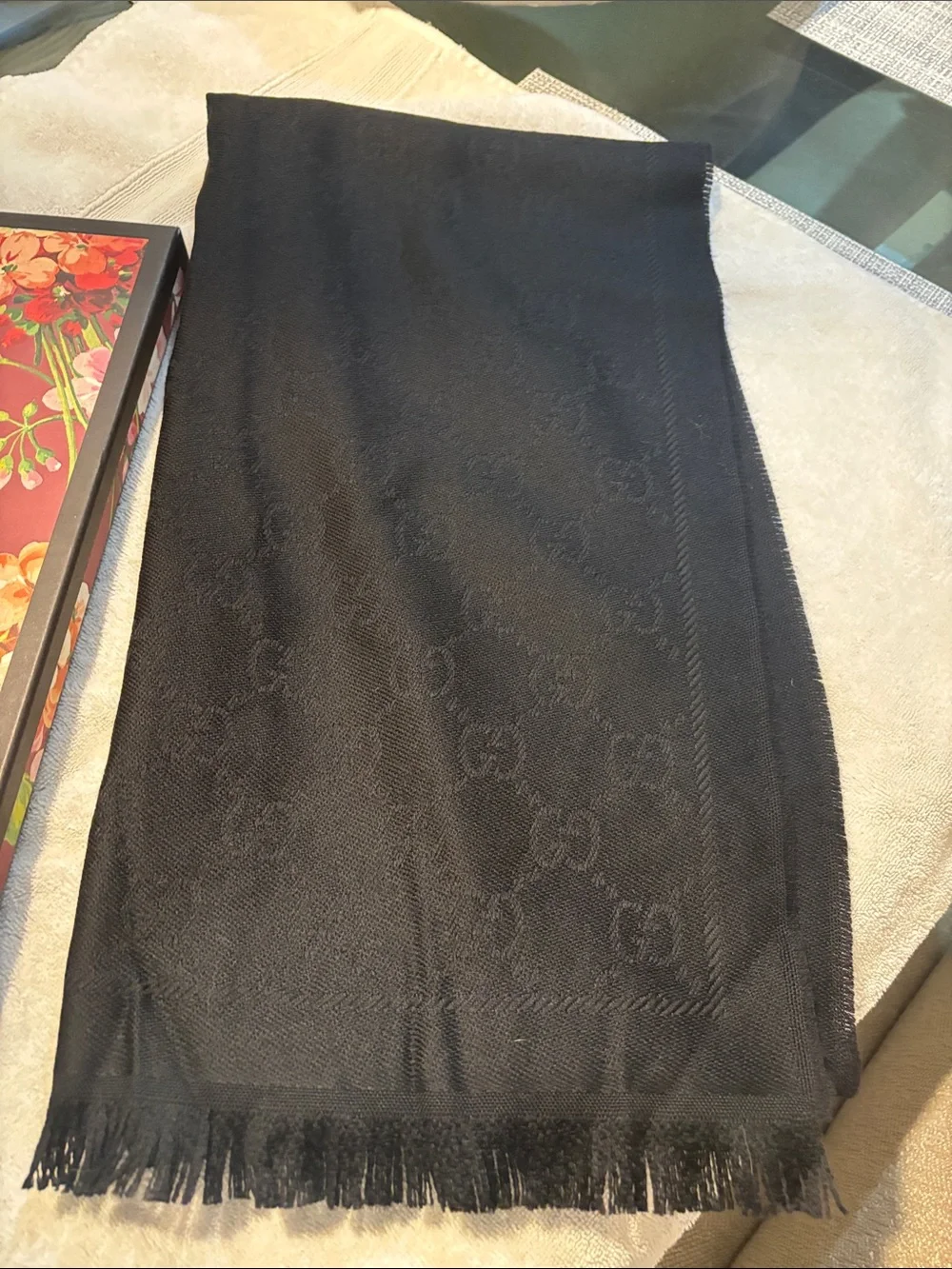 Gucci Black Monogram Silk-Wool Blend Logo Scarf